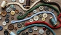 Brown red green blue and cream intertwine with scattered buttons in Royalty Free Stock Photo