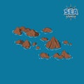 Brown reefs on a blue background. Underwater rocks in isometric style. 3d illustration. Pirate game