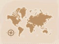 Brown Retro World Map with compass, Flat vector illustration EPS10 Royalty Free Stock Photo