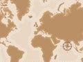 Brown Retro World Map with compass, Flat vector illustration EPS10 Royalty Free Stock Photo