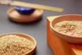 Brown rice on clay plates Royalty Free Stock Photo