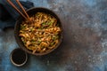 Brown rice noodles stewed with beef, mushrooms and soy sauce Royalty Free Stock Photo