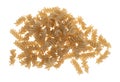 Brown rice pasta fusilli on a white background