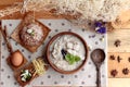 Brown rice porridge put pork and brown rice with soft-boiled egg Royalty Free Stock Photo