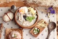 Brown rice porridge put pork and brown rice with soft-boiled egg Royalty Free Stock Photo