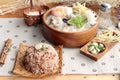 Brown rice porridge put pork and brown rice with soft-boiled egg Royalty Free Stock Photo