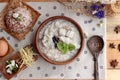 Brown rice porridge put pork and brown rice with soft-boiled egg Royalty Free Stock Photo