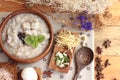 Brown rice porridge put pork and brown rice with soft-boiled egg Royalty Free Stock Photo