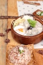 Brown rice porridge put pork and brown rice with soft-boiled egg Royalty Free Stock Photo