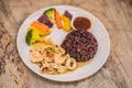 Brown rice, seafood, vegetables. Healthy meal for lunch Royalty Free Stock Photo