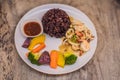 Brown rice, seafood, vegetables. Healthy meal for lunch Royalty Free Stock Photo