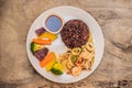 Brown rice, seafood, vegetables. Healthy meal for lunch Royalty Free Stock Photo