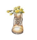 Brown right boot like a dandelion vase Royalty Free Stock Photo