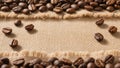 Roasted Coffee Beans on Burlap Fabric with Horizontal Rows Rustic Brown Texture Natural Organic Background Scene Royalty Free Stock Photo