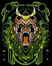 Brown Robotic wolf roaring with sacred geometry background