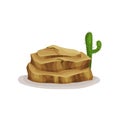 Brown rock stone and cactus, design element of natural landscape vector Illustration on a white background