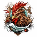 Brown rooster head with big crest in a bar logo