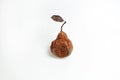 Brown rotten pear with mold on light background with copy space. Concept - ugly fruits and vegetables