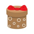 Brown round gift box with red ribbon, vector illustration in cartoon flat style. Colorful wrapped. Sale, holidays
