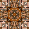 Brown safari animal print patchwork seamless pattern. Natural quilt clash damask style in brown printed fabric effect