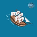 Brown sailer on a blue background. Sailboat in isometric style. 3d illustration of ancient ship. Pirate game