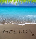 Brown sand beach with written word Hello