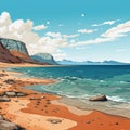 Vivid Comic Book Style Beach In Rocky Mountains