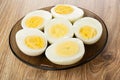 Brown saucer with halves boiled eggs on table