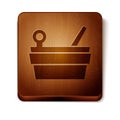 Brown Sauna bucket and ladle icon isolated on white background. Wooden square button. Vector Royalty Free Stock Photo