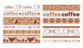 Brown seamless borders with coffee grains and cups - vector set