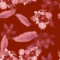 Brown Seamless Leaf. Coral Pattern Art. Ruby Tropical Plant. Pink Flower Illustration. Scarlet Flora Palm. Spring Illustration.