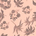 Brown Seamless Painting. Gray Pattern Palm. Pink Tropical Nature. Coral Flower Vintage. Black Watercolor Vintage. Royalty Free Stock Photo