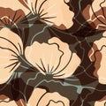 Brown seamless pattern with abstract retro poppy flowers.