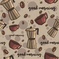 Brown seamless pattern with coffee. Repetitive beverage background with different objects