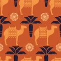 Brown seamless pattern of symbols, landmarks, and signs of Egypt from icons in a linear style