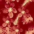 Brown Seamless Textile. Gray Pattern Nature. Pink Tropical Botanical. Scarlet Garden Texture. Monstera Leaves.