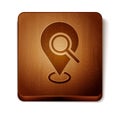 Brown Search location icon isolated on white background. Magnifying glass with pointer sign. Wooden square button Royalty Free Stock Photo