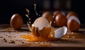 Brown-shelled raw eggs on the wooden table. Egg yolk and whites poured down. Close up. Generative AI Royalty Free Stock Photo