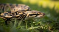 Close-up of a Ball Python Snake with Intricate Scales and Yellow and Black Patterns in Green Grass Royalty Free Stock Photo