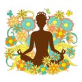 Brown silhouette girl in yoga lotus pose on floral background