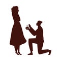 Brown silhouette of man marriage proposal to surprised woman flat style