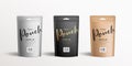 Brown, Silver and Black kraft paper pouch bags, front view packaging mock up collections design