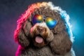 Brown small smiling dog posing closeup in disco party sunglasses and backlight. Generative AI