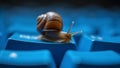 A brown snail navigates on blue keyboard Royalty Free Stock Photo