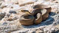 A brown snake coiled on sun-baked rocks, basking in the sunlight Royalty Free Stock Photo