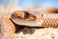 Brown snake on sandy ground. Close-up sand snake in the desert with white sand and blue sky. Generative AI