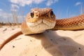 Brown snake on sandy ground. Close-up sand viper in the desert with white sand and blue sky. Generative AI