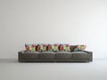 Brown sofa with colorful cushions