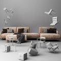 Brown sofa surrounding by a lot of grey little chair. Royalty Free Stock Photo