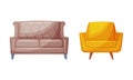 Brown sofa and yellow classic armchair, furniture for cozy room interior vector illustration Royalty Free Stock Photo
